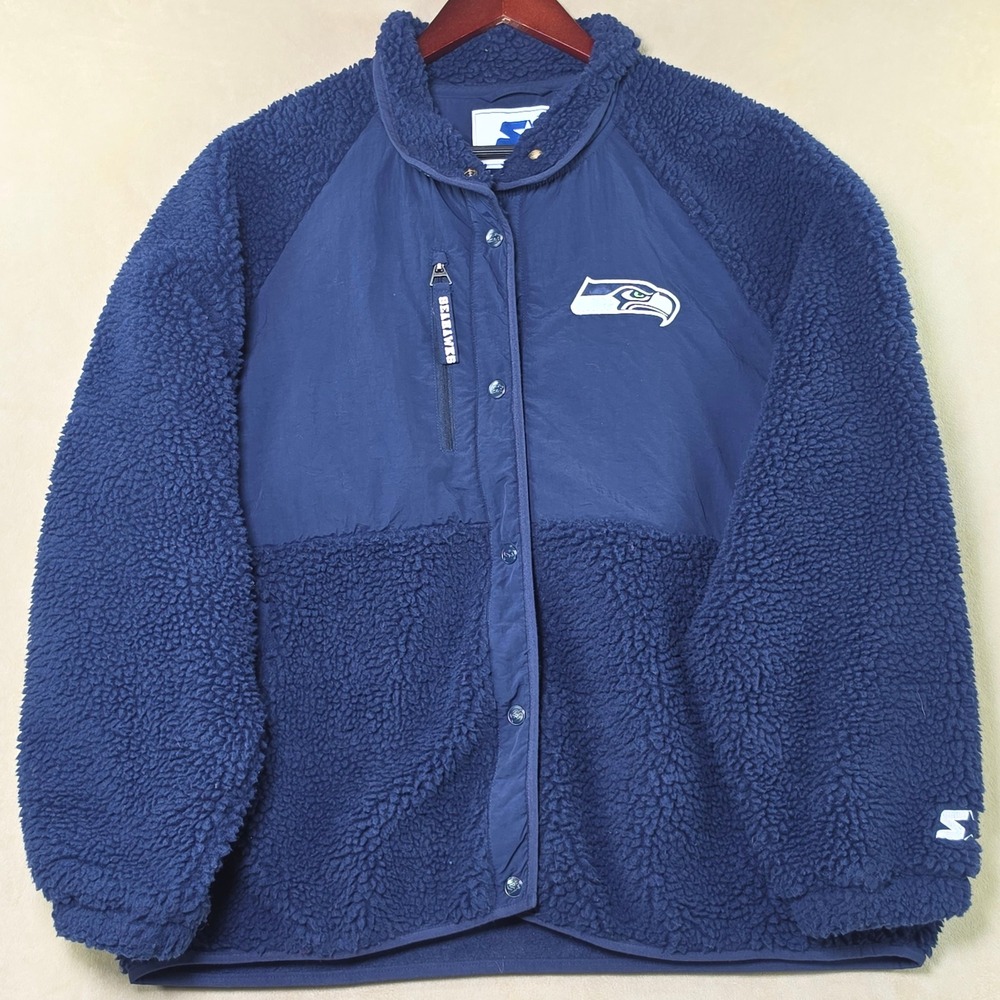 Starter Seattle Seahawks Navy Blue Sherpa Fleece Snap Jacket NS5-U31 Womens XL